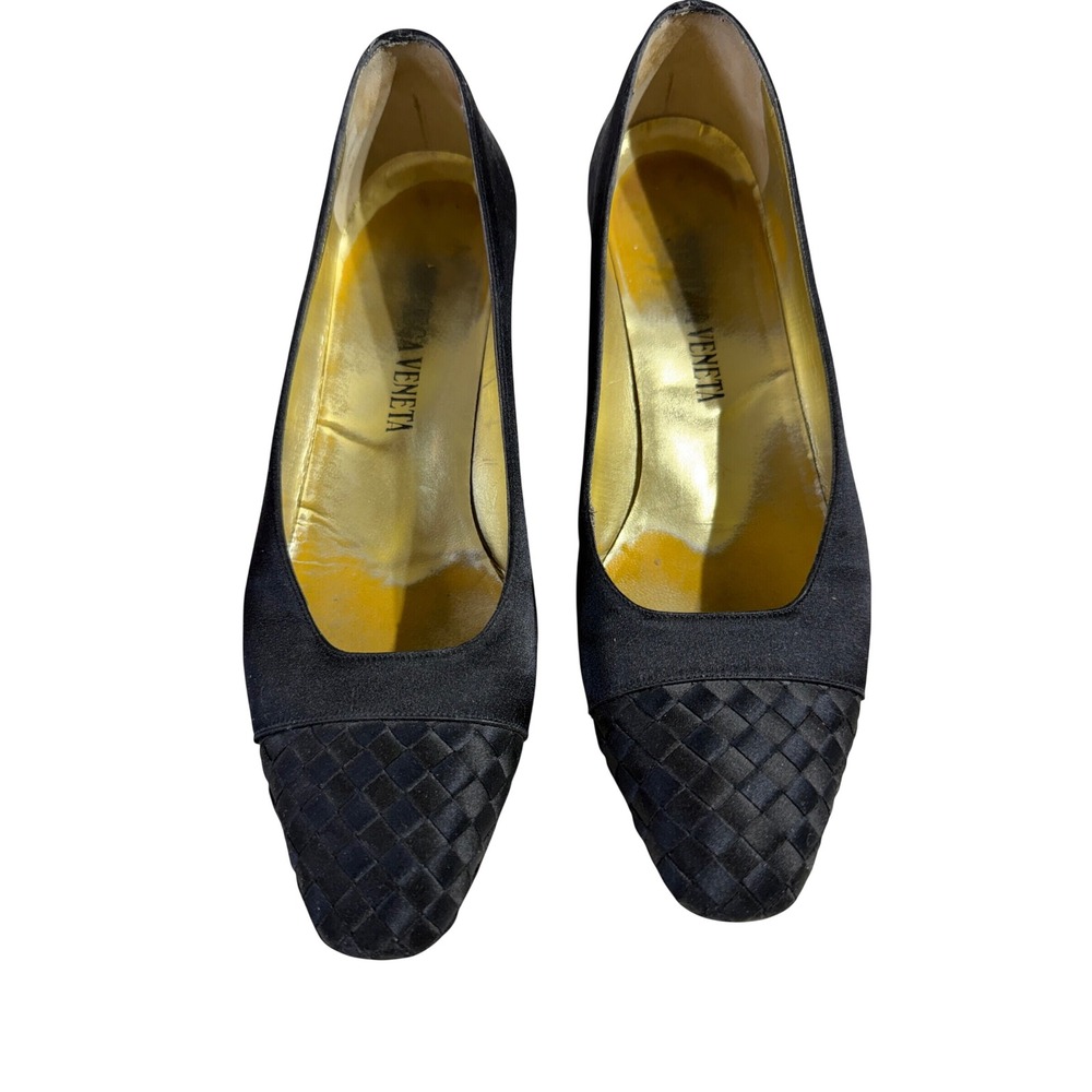 Vintage Bottega Veneta Satin Pumps 7 Black Intrecciato Woven Toe Italy